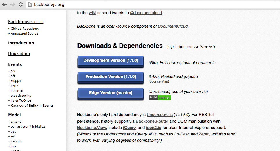 The project page offers a simple approach for downloading Backbone.js