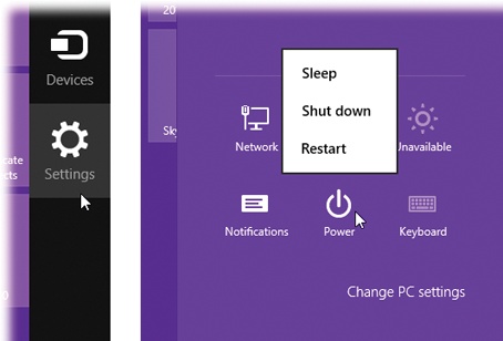 To shut down your computer, open the Charms bar (left). (Swipe inward from the right side, or press +C.) Click Settings.Right: On the Settings panel, select Power, and then “Shut down.”