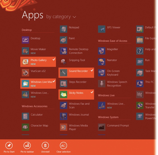 On the “All apps” screen, you see all TileWorld apps and all desktop programs. They’re listed in individually titled groups, depending on how you’ve chosen to sort them. You can take this opportunity to pin any of these programs to your Start screen.