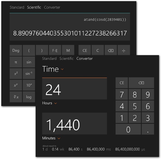 The new TileWorld Calculator app has three modes: Standard (complete with four functions, memory, and square root); Scientific, shown here at top; and Converter (bottom).The Converter offers three pop-up menus, marked by the usual buttons.The top one lets you specify a conversion type: volume, length, weight, temperature, energy, area, speed, time, power, or data.The two lower ones let you specify what units you want to convert to or from. Handy, really.