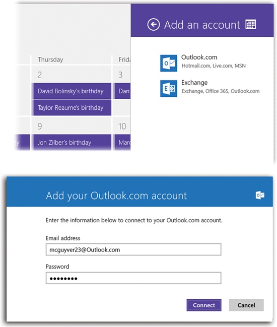 To add a Hotmail or Microsoft calendar account, open the Charms bar. Select Settings, then Accounts, then “Add an account” (top). Enter the name and password for the account (bottom); hit Connect. Each account’s events show up in a different color, for your confusion-reducing pleasure.