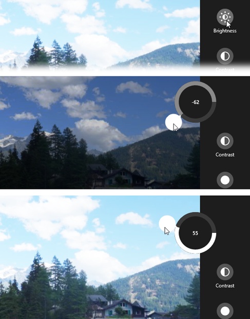 Many of the new photo-editing controls rely on these “button dials,” like the Brightness one shown here.When you tap or click it, the button itself becomes a handle—a white round handle. You can drag it either counterclockwise (in this case, making the photo darker, as shown at center) or clockwise (making the photo brighter, as shown at bottom).The unexpected part is that you can drag all the way around from the zero point, in either direction.