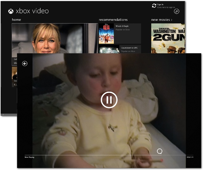 Exactly as in the Music app, the Video app is basically a billboard for stuff Microsoft thinks you might want to buy; the button awaits if you want to find some particular movie or show to watch. When you choose one of your own videos, it opens full screen and begins to play. The only controls are the huge Play/Pause button and the scroll bar; both fade away after a couple of seconds. Move the mouse to bring them back. You can also use the space bar to start or stop playback.