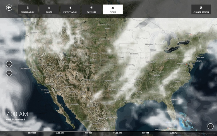 These are animated weather maps, showing the last six hours’ worth of cloud movement, precipitation, and so on. (It’s the same display you get when you hit the button on the Maps display, as described above.)They’re really pretty amazing.