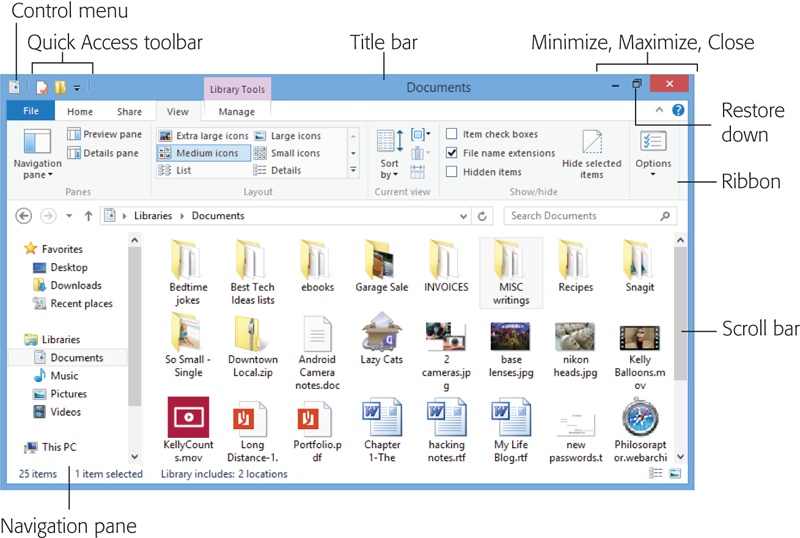 All windows have the same basic ingredients, making it easy to become an expert in window manipulation. This figure shows a File Explorer window—a disk or a folder—but you’ll encounter the same elements in application windows. The Ribbon is new in Windows 8.