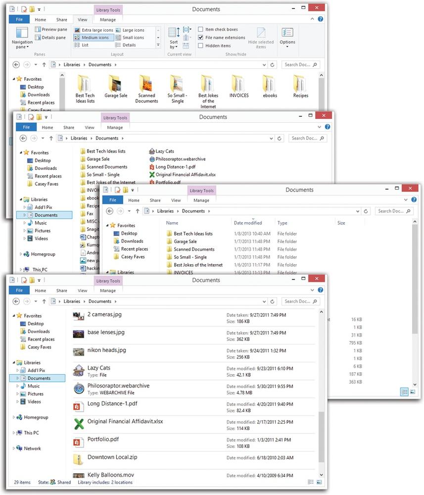 Here’s a survey of window views in Windows 8’s desktop world. From top: Medium Icons, List view, Details view, and Content view. List and Details views are great for windows with lots of files. Extra Large Icons (not shown) is great if you’re 30 feet away.