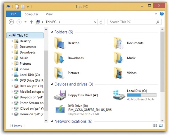 The This PC window is the starting point for any and all folder-digging. It shows the “top-level” folders: the disk drives of your PC. If you double-click the icon of a removable-disk drive (such as your CD or DVD drive), you receive only a “Please insert a disk” message, unless there’s actually a disk in the drive.