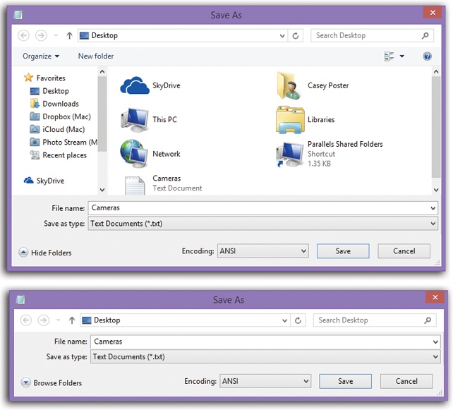 The Save box may appear in either of two forms: the full-blown, File Explorerish view shown at top, or the collapsed form shown at bottom.You may notice that your OneDrive is now available to receive your newly created documents—in fact, Windows may propose it as the factory setting.Use the Hide Folders button to collapse the big version, or the Browse Folders button to expand the collapsed version.Type a name, choose a folder location, and specify the format for the file you’re saving.