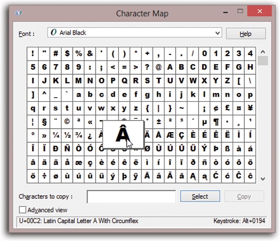 Double-click a character to transfer it to the “Characters to copy” box, as shown here. (Double-click several in a row if you want to capture a sequence of symbols.) You may have to scroll down quite a bit in some of today’s modern Unicode fonts, which contain hundreds of characters. Click Copy, and then Close. When you’ve returned to your document, use the Paste command to insert the symbols.
