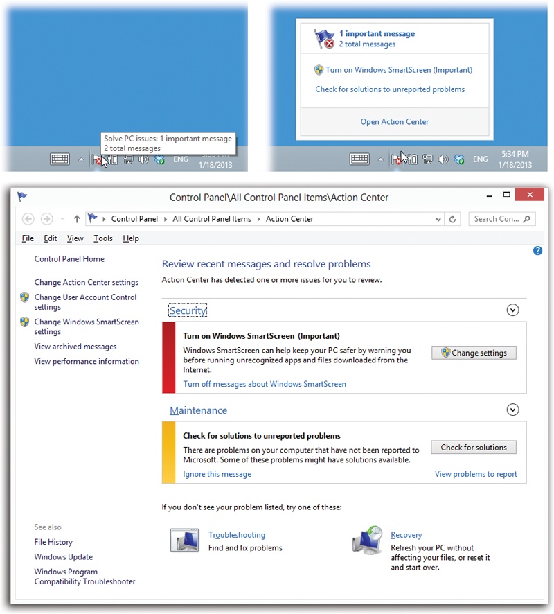 Top: When Windows has a security- or maintenance-related message for you, the little system-tray flag () sprouts an X. Click the icon to open a summary panel (shown here at top right); click one of the messages there to open the Action Center itself.Bottom: If there’s nothing for Windows to report in the Security category, then that section of the dialog box appears collapsed at first; click the to expand it.