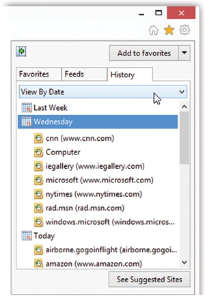 You can expand or contract the day folders with a click.The pop-up menu indicated here by the cursor lets you sort the list by Web site, date, frequency of visits—or you can see only the sites you’ve visited today, in order. The same little pop-up menu offers a command called Search History so that you can search for text in the History list—not the actual text on those pages, but text within the page addresses and descriptions.