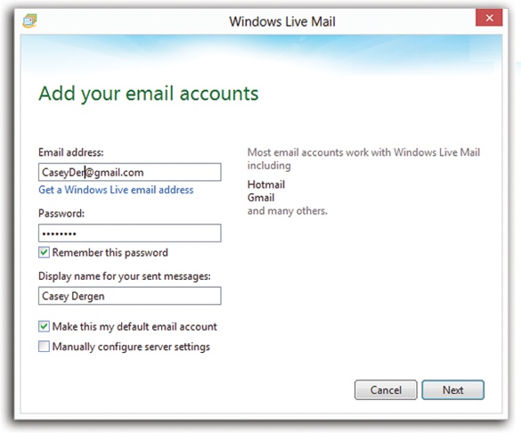 To set up an email account in Windows Mail, start by filling in the Display Name. This is the name people will see when you send them email, in the “From:” field. It does not have to be the same as your email address; it can be your full name, a nickname, or anything you like. When you’re done, click Next to continue.