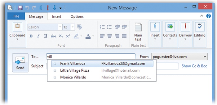 In the New Message window, type the name of your message’s recipients, separated by commas or semicolons, in the “To:” field. If Mail doesn’t automatically complete the name for you (by consulting your address book and recent recipients list)—or even present multiple-choice matches—click Check Names on the Ribbon.
