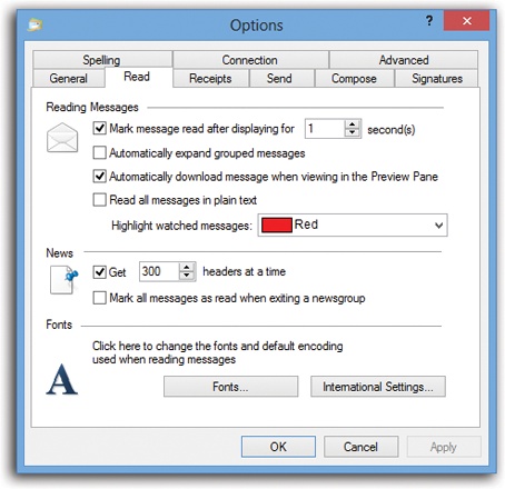 The Options dialog box has 10 tabs, each loaded with options. Most tabs have buttons that open additional dialog boxes. Coming in 2014: Windows Mail Options: The Missing Manual.