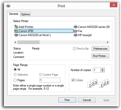 The options in the Print dialog box are different for each printer model and each program, so your Print dialog box may look slightly different. Most of the time, the factory settings shown here are what you want (one copy, print all pages). Just click OK or Print (or press Enter) to close this dialog box and send the document to the printer.
