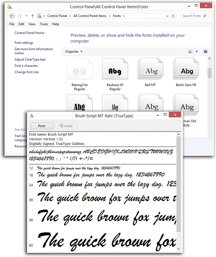 Top: All your fonts sit in the Fonts folder. You’ll frequently find an independent font file for each style of a font: bold, italic, bold italic, and so on.Bottom: To see how a font looks at various sizes and styles, double-click it.