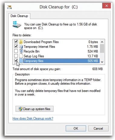 Disk Cleanup announces how much free space you stand to gain. After you’ve been using your PC for a while, it’s amazing how much crud you’ll find there—and how much space you can recover.