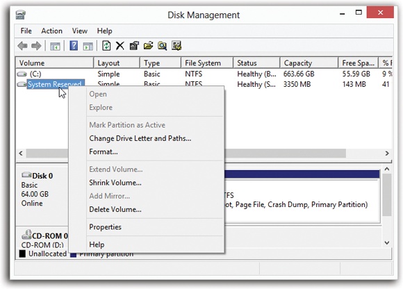 The Disk Management window does more than just display your drives; you can also operate on them by right-clicking. Don’t miss the View menu, by the way, which lets you change either the top or the bottom display. For example, you can make your PC display all your disks instead of your volumes. (There’s a difference; see page 728.)