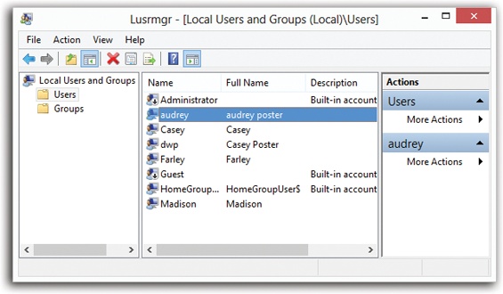 Local Users and Groups is a Microsoft Management Console (MMC) snap-in. MMC is a shell program that lets you run most of Windows’ system administration applications. An MMC snap-in typically has two panes. You select an item in the left (scope) pane to see information about it displayed in the right (detail) pane.