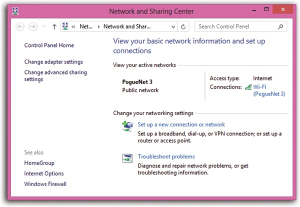 Once it’s open, the Network and Sharing Center offers links that let you connect to a network, create a new network, troubleshoot your connection, fiddle with your network or network adapter card settings, and so on.