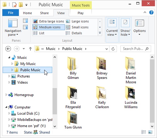 Each Public folder is like a central public square, a shared meeting point for all PCs on the network. Anything in one of these folders is available to anyone on the network—free and clear. You can find the Public folders listed inside each of your standard libraries.