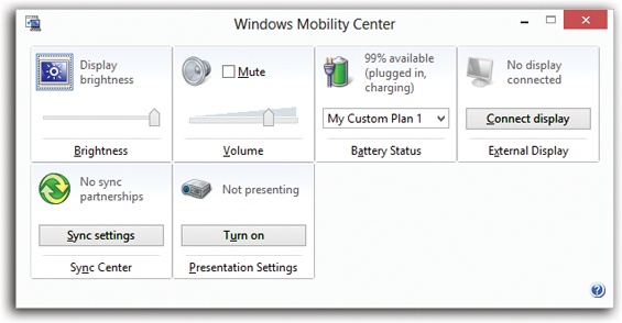 Each setting in Mobility Center is illustrated with a cute little icon—but don’t be fooled. This is so much more than an icon! It’s also a button that, when double-clicked, opens up a Control Panel applet or a configuration page.