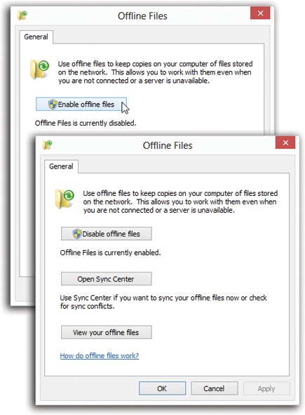 To find this master Offline Files box, open the Start screen. Type offline and select Settings under the search box. In the search results, click “Manage offline files.”Top: This box appears. Select “Enable offline files.” (Windows may tell you that you have to restart the computer to make the feature come alive.)Bottom: Now the dialog box looks like this. You’ll need the lower two buttons later in your new life with Offline Files.