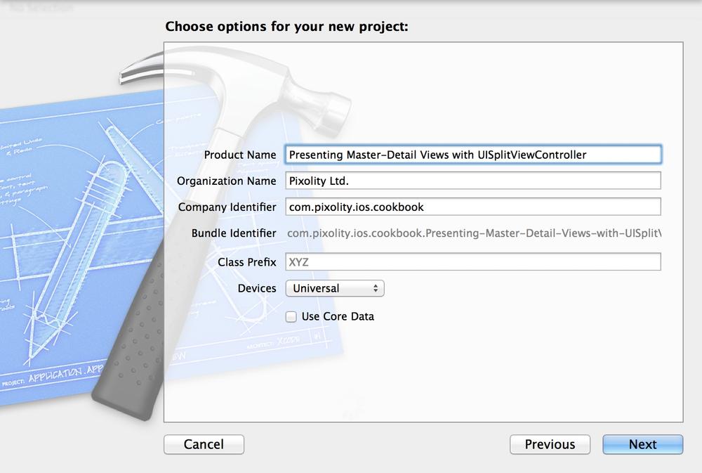 Setting the master-detail project settings in Xcode