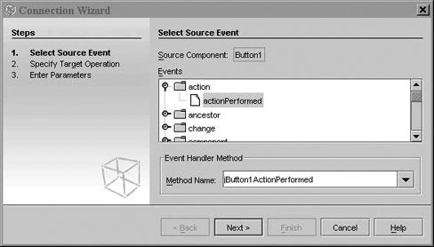 Selecting a source event in the Connection Wizard
