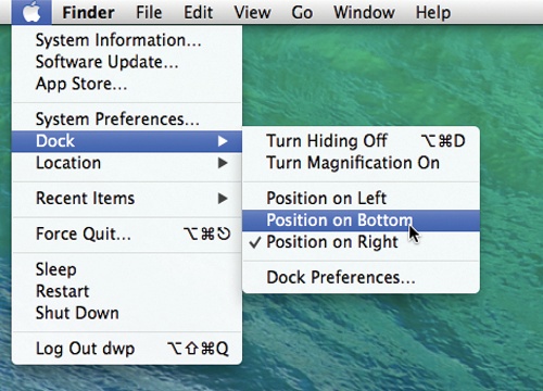 If this book says “Choose →Dock→Position on Bottom,” it’s describing a logical sequence of steps.In this example, that would mean clicking the menu, choosing the Dock command from it, and then choosing Position on Bottom from the submenu.