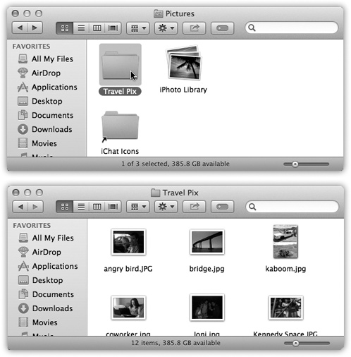 To help you avoid window clutter, Apple has designed OS X windows so that double-clicking a folder in a window (top) doesn’t actually open another window (bottom). Every time you double-click a folder in an open window (except in column view), its contents replace whatever was previously in the window. If you double-click three folders in succession, you still wind up with just one open window.