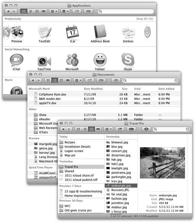 You can view your Finder-window files in neat little groups, separated by headings. Top left: the Applications window, in icon view, arranged by Application Category.Middle: the Documents folder, in list view, arranged by Application (meaning “which program opens this document”).Bottom: the Desktop folder, in column view, arranged by Date Added.