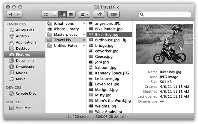 If the rightmost folder contains pictures, sounds, Office documents, or movies, you can look at them or play them, right there in the Finder. You can drag this jumbo preview icon anywhere—into another folder or to the Trash, for example.