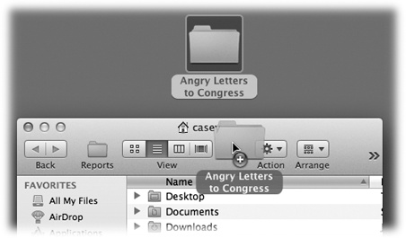 You don’t need to choose View→Customize Toolbar to add your own icons to the toolbar. Just hold down the ⌘ and Option keys (a new requirement in Mavericks), then drag an icon from the desktop or any folder window directly onto the toolbar at any time.To remove the icon later, press ⌘ as you drag it away from the toolbar.