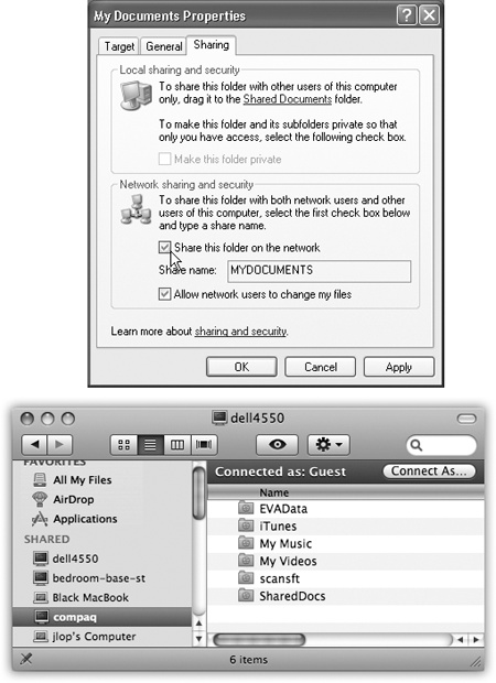 Top: To share a folder in Windows, right-click it, choose Properties, and then turn on “Share this folder on the network.” In the “Share name” box, type a name for the folder as it will appear on the network. (No spaces are allowed).Bottom: Back in the safety of OS X, click the PC’s name in the Sidebar. (If it’s part of a workgroup, click All, and then your workgroup name first.)Next, click the name of the shared computer. If the files you need are in a Shared Documents or Public folder, no password is required. You see the contents of the PC’s Shared Documents folder or Public folder, as shown here. Now it’s just like file sharing with another Mac.If you want access to any other shared folder, click Connect As, and see Figure 14-14.