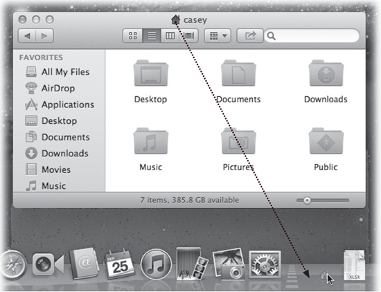 When you find yourself confronting a Finder window that contains useful stuff, consider dragging its proxy icon to the Dock. That will install its folder or disk icon there for future use. It’s not the same as minimizing the window, which puts the window icon into the Dock only temporarily. (Note: Most document windows also offer a proxy-icon feature, but usually only an alias is produced when you drag the proxy to a different folder or disk.)