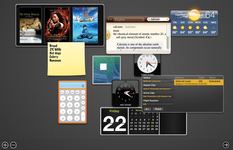 The Dashboard is a fleet of miniprograms that convey or convert all kinds of useful information, on a Spaces screen all their own. You get rid of Dashboard either by pressing the same key again (F4 or whatever), by swiping three fingers to the right on your trackpad, or by clicking anywhere except on a widget.