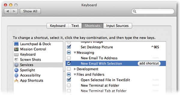 The keyboard-shortcut center lets you redefine the keystrokes that trigger many OS X features, menu commands, and software you’ve built yourself using Automator (which you can read about on this book’s “Missing CD” page.)