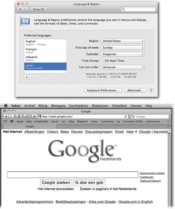 Top: You can flip your copy of OS X into any of about 165 languages. Click the button to see them all—and add them to the list of Preferred Languages. You’re asked, when you add a language, if you want it to be the Mac’s primary language.Bottom: Here’s Safari running in Dutch. Actually understanding Dutch would be useful at a time like this—but even if you don’t, it can’t help but brighten up your workday to choose commands like Spraakfunctie or Knip. (Alas, your success with this trick varies by program.)