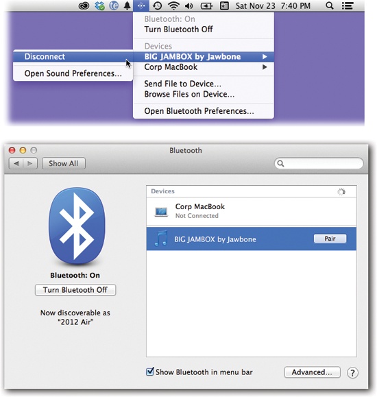 Top: Use this menulet to connect to and disconnect from Bluetooth gadgets.Bottom: The Bluetooth panel scans the area for Bluetooth gadgets and, after a moment, lists them. Click Pair when you see the one you want.