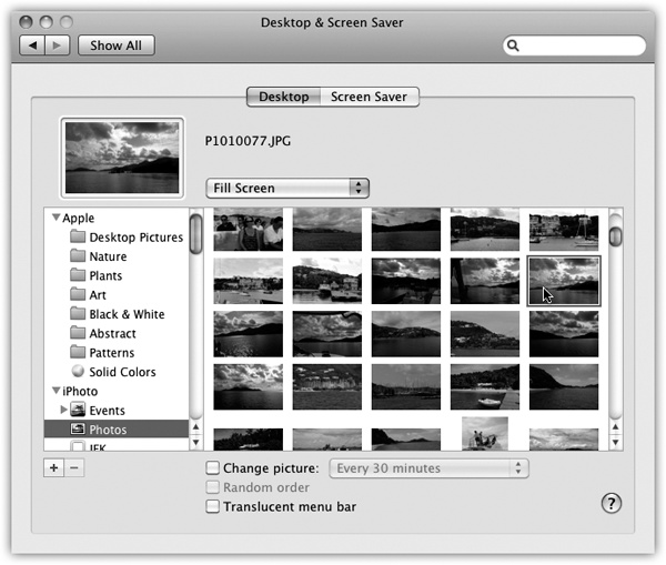 Using the list of picture sources at left, you can preview an entire folder of your own images before installing one as your new desktop picture. Use the button to select a folder of assorted graphics—or, if you’re an iPhoto veteran, click an iPhoto album name, as shown here. Clicking one of the thumbnails installs the corresponding picture on the desktop.