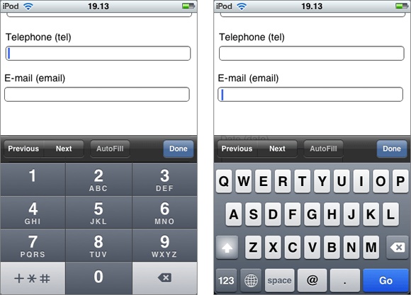 When people use a mobile device to fill out a form, they donât have the luxury of entering information on a full keyboard. The iPod makes life easier by customizing the virtual keyboard depending on the data type, so telephone numbers get a telephone-style numeric keypad (left), while email addresses get a dedicated @ button and a smaller space bar (right).