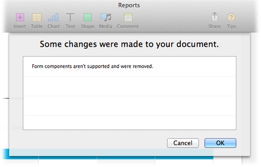 The Document Warnings window details any problems that occur when you import a document from another program. Here, for example, Pages is letting you know that it deleted some elements that it didn’t understand, so you should check the imported document extra carefully to make sure nothing vital is missing.
