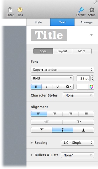 The Format panel lets you fine-tune the appearance of whatever object is currently selected. For example, if you’re typing inside a text box, the Format panel shows options for formatting text, such as changing the font; adding a bold, italic, or underlined effect; changing the font size; and so on.