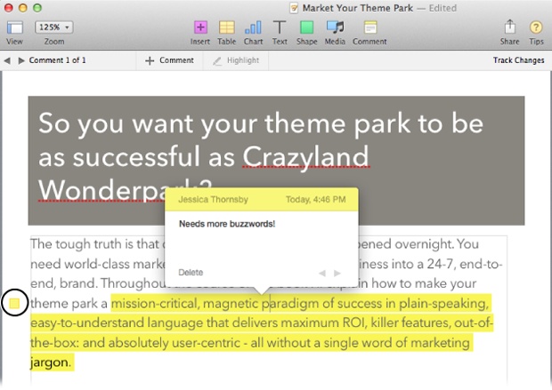 Comments let you add notes and annotations to your text, a useful way to leave yourself research notes and reminders, or to gather suggestions as you pass a document around to a group for feedback. Every comment is anchored to a specific passage of text, which Pages highlights (as shown here). Pages also adds a colored square to the left of this text (circled).