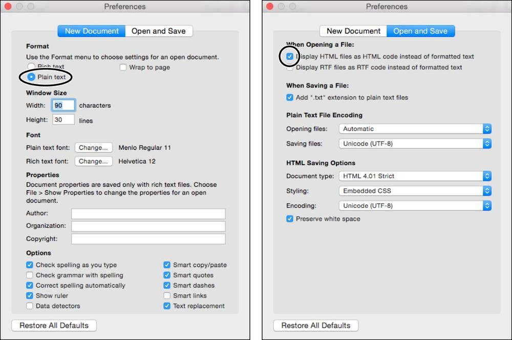 TextEdit’s Preferences window has two tabs of settings: “New Document” (left) and “Open and Save” (right).