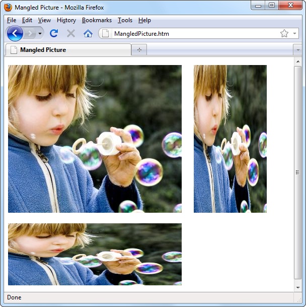 Never use HTML’s height and width attributes to resize a picture, because the results are almost always unsatisfying. Enlarged pictures are jagged, shrunken pictures are blurry, and if you change the ratio of height to width (as with the top-right and bottom images shown here), browsers squash pictures out of their normal proportions (top left).