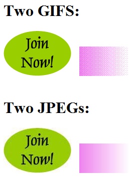 JPEGs and GIFs are the original image formats of the Web. You’ll notice that GIFs produce clearer text, while JPEGs do a much better job of handling continuous bands of color. GIFs simulate extra colors through dithering, a process that mixes different colored dots to simulate a solid color. The results are unmistakably unprofessional. (You may not be able to see the reduced text quality in this black-and-white screen capture, but if you take a look at the file JPEGvsGIF.htm from the companion site, you’ll see the difference up close.) For this reason, the PNG standard has largely replaced the GIF standard.