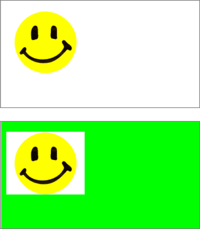 Top: When you place this smiley-face picture on a page with a white background, it blends right in.Bottom: With a non-white background, the white box around your picture is glaringly obvious.