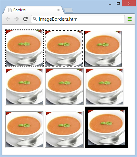This example shows several inline images in a row, separated from one another with a single space. Each image sports a different border. The browser fits all the pictures it can on the same line. When it reaches the right edge of the browser window, it wraps the pictures to the next line. If you resize the window, the arrangement of the pictures changes.